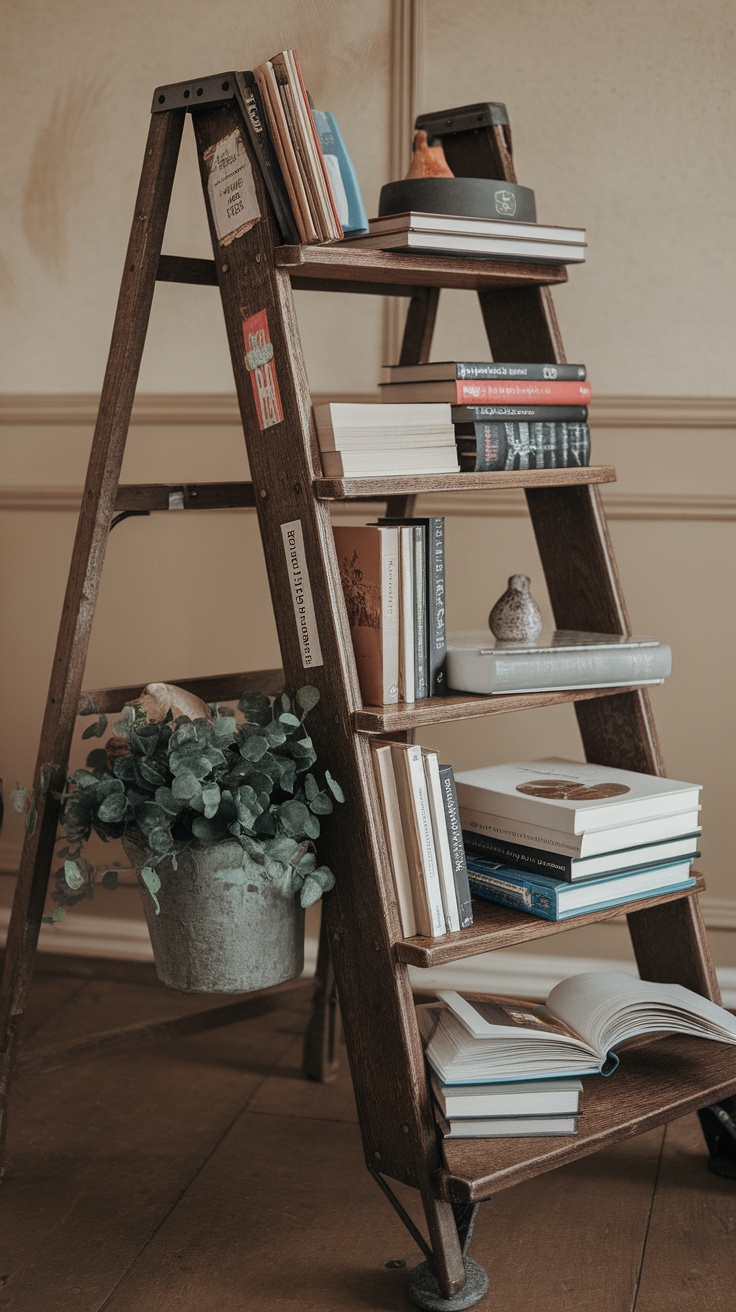 A vintage wooden ladder bookshelf with books and plants