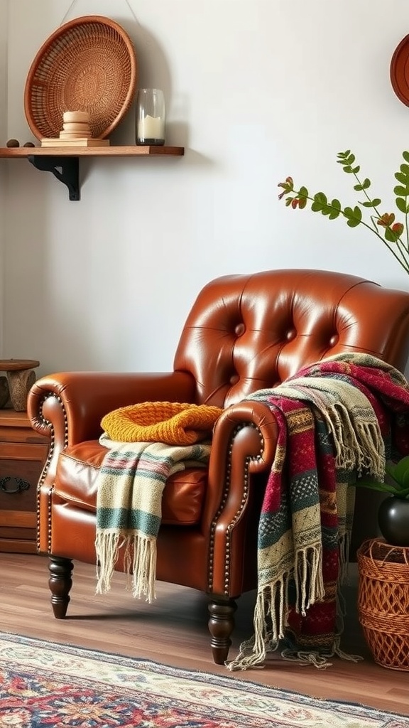 A cozy vintage leather armchair with a knitted blanket and decorative throw