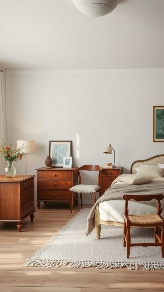 A vintage minimalist bedroom featuring wooden furniture, neutral linens, and a cozy atmosphere.