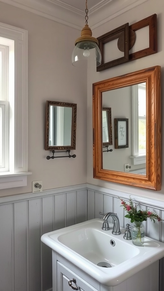 A farmhouse bathroom with vintage mirrors and frames, featuring a wooden-framed mirror, smaller decorative mirrors, and a stylish sink.