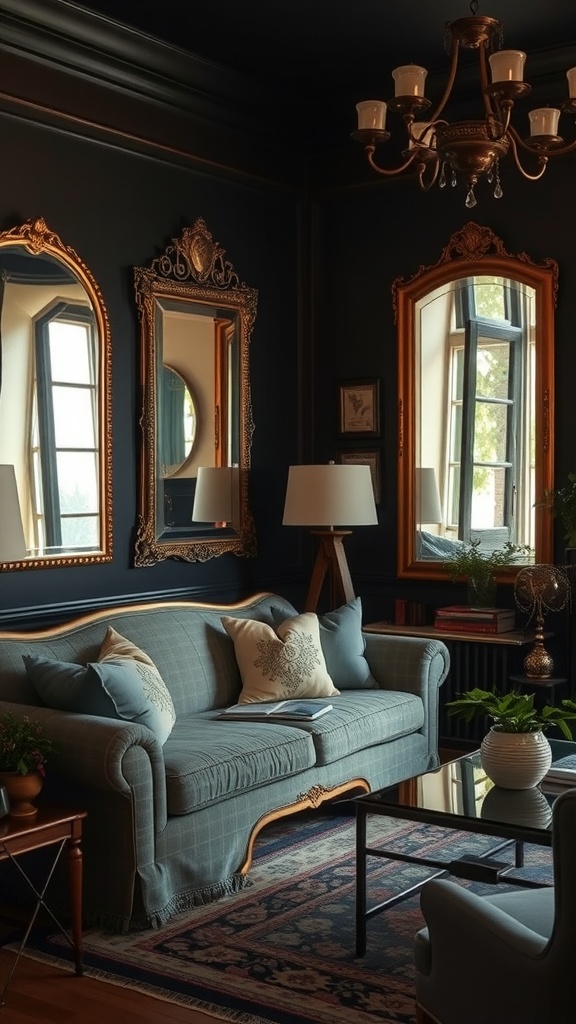 A dark boho living room featuring vintage mirrors and elegant decor elements.