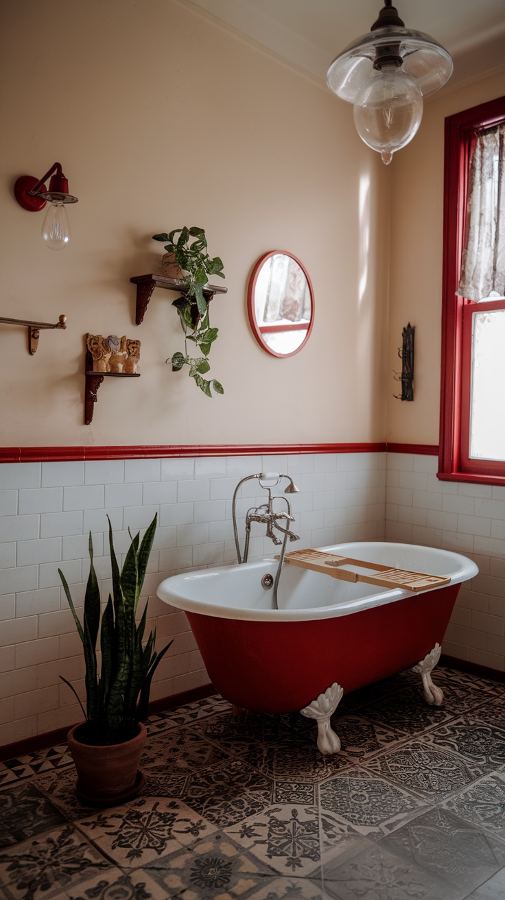 A vintage-style bathroom featuring red and white decor with a clawfoot bathtub, natural light, and vintage artwork.