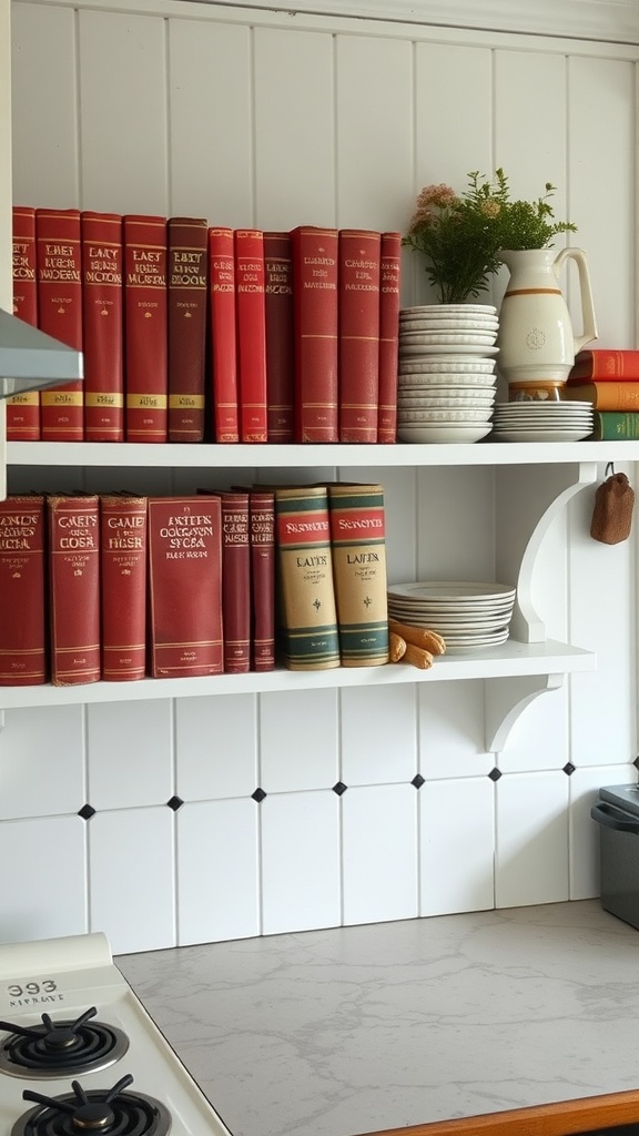 A collection of vintage red cookbooks displayed on white shelves in a cozy kitchen.