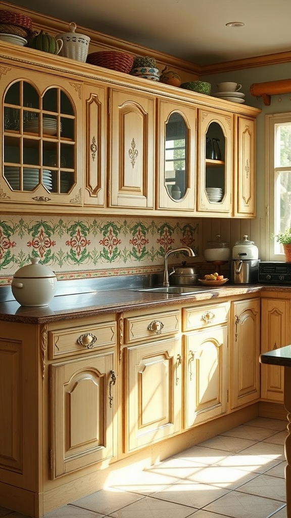 Vintage style kitchen cabinets with intricate designs and glass doors
