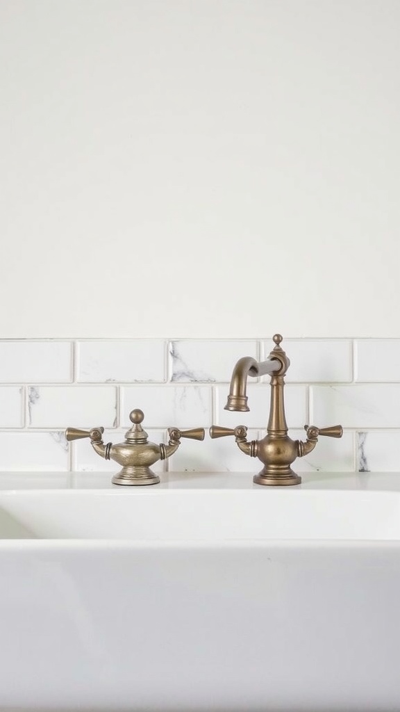 Two vintage style faucets in a farmhouse bathroom setting.