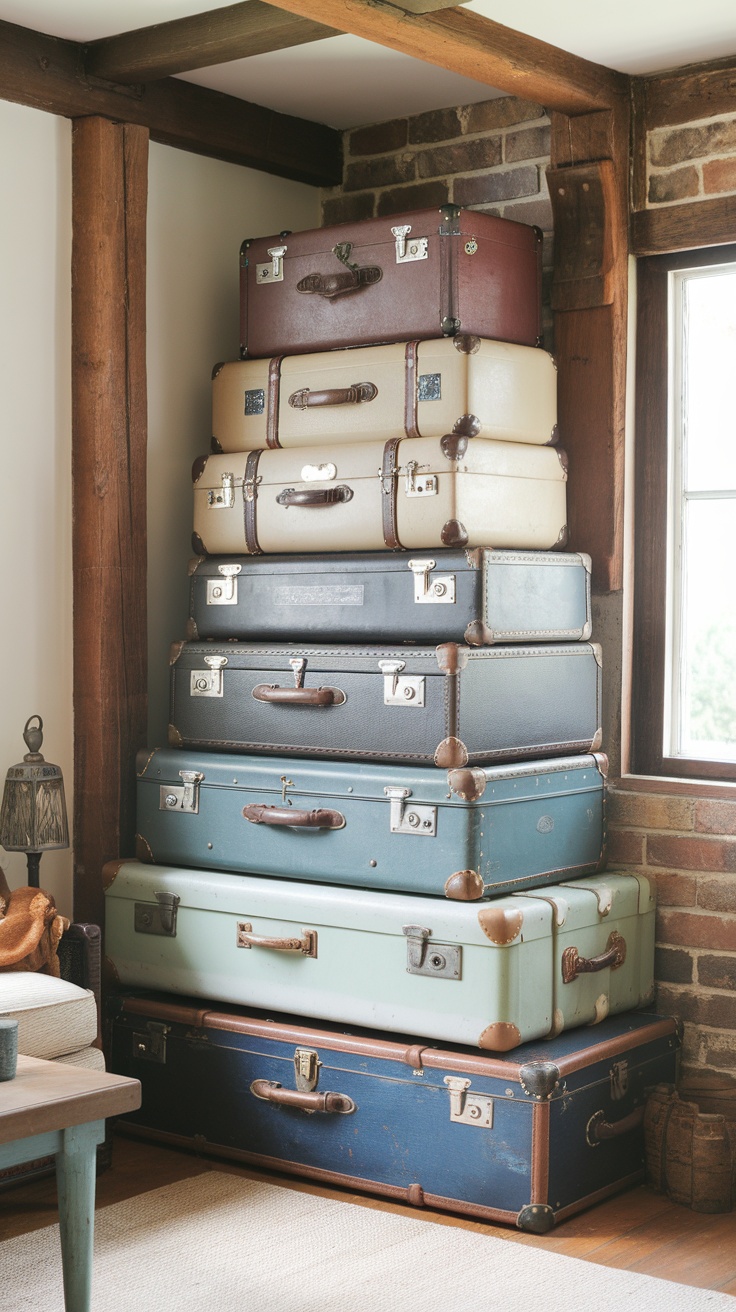 A stack of vintage suitcases used for storage with a vase of flowers on top, set in a cozy living room.