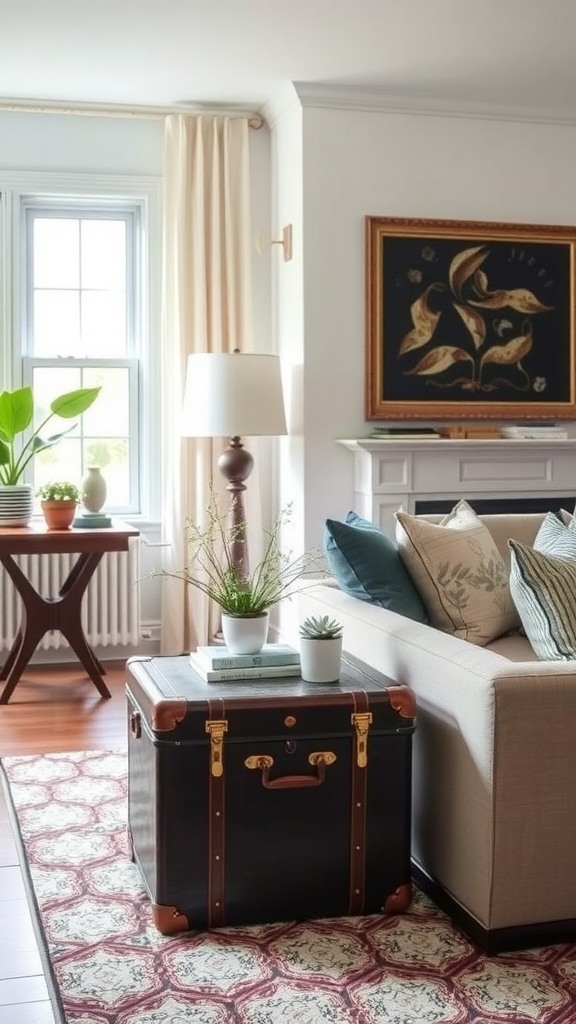 A vintage suitcase table in a cozy living room setting with a lamp and plants.