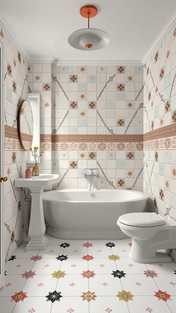 A vintage-style bathroom with patterned tiles on walls and floor, featuring a bathtub, pedestal sink, and round mirror.