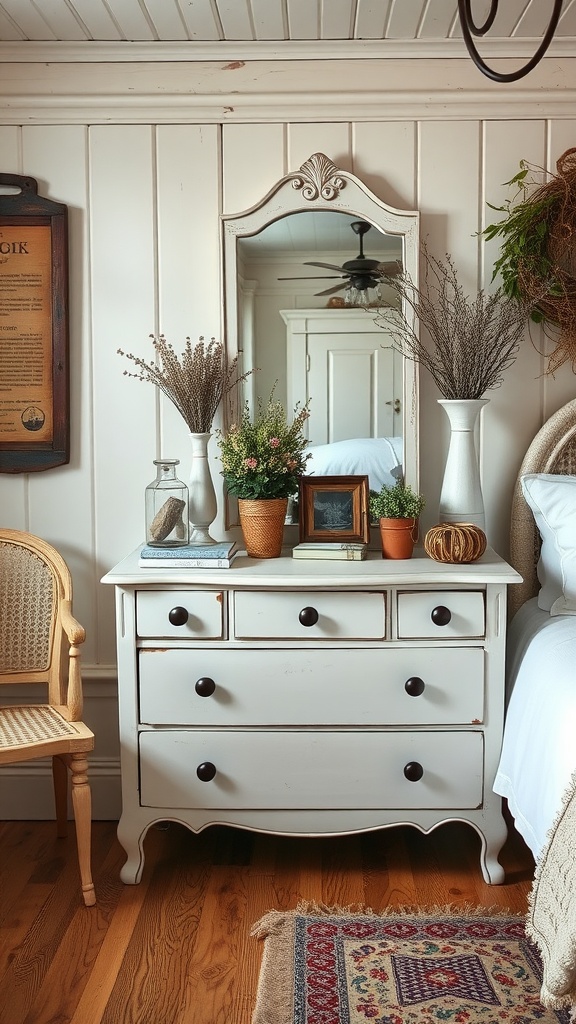 A vintage white dresser with potted plants and accessories in a country bedroom