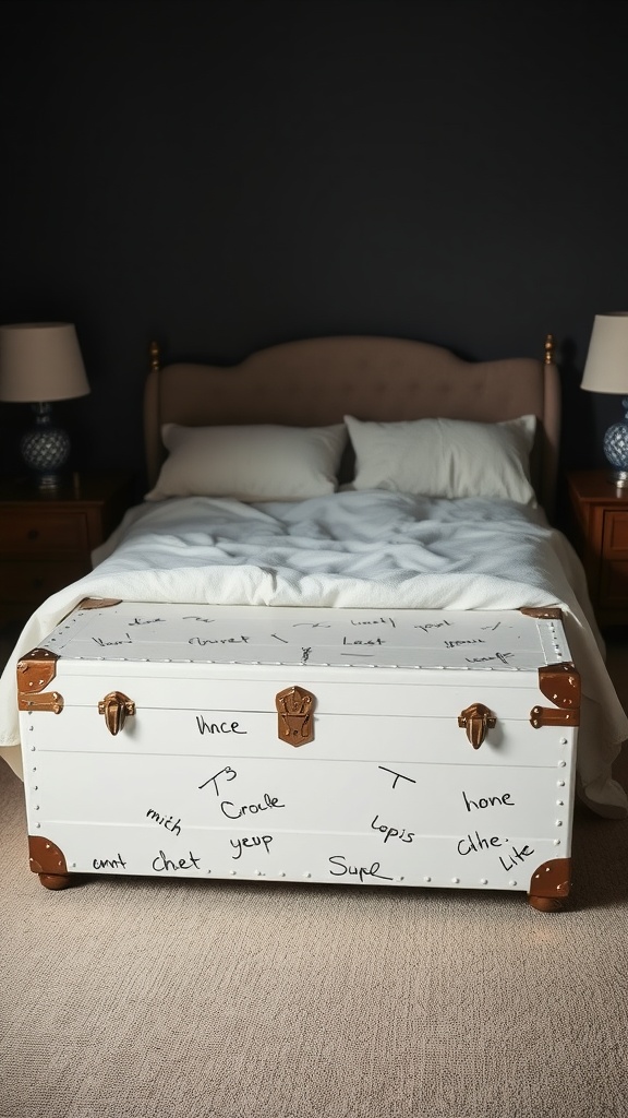 Vintage white trunk at the foot of a bed in a cozy bedroom