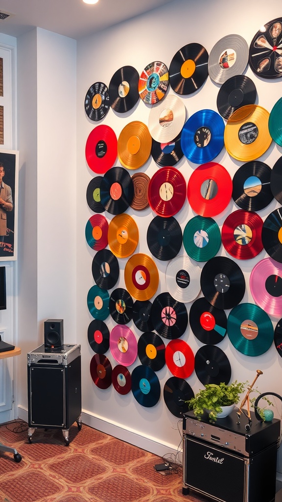 A wall display of colorful vinyl records arranged artistically, featuring a variety of styles