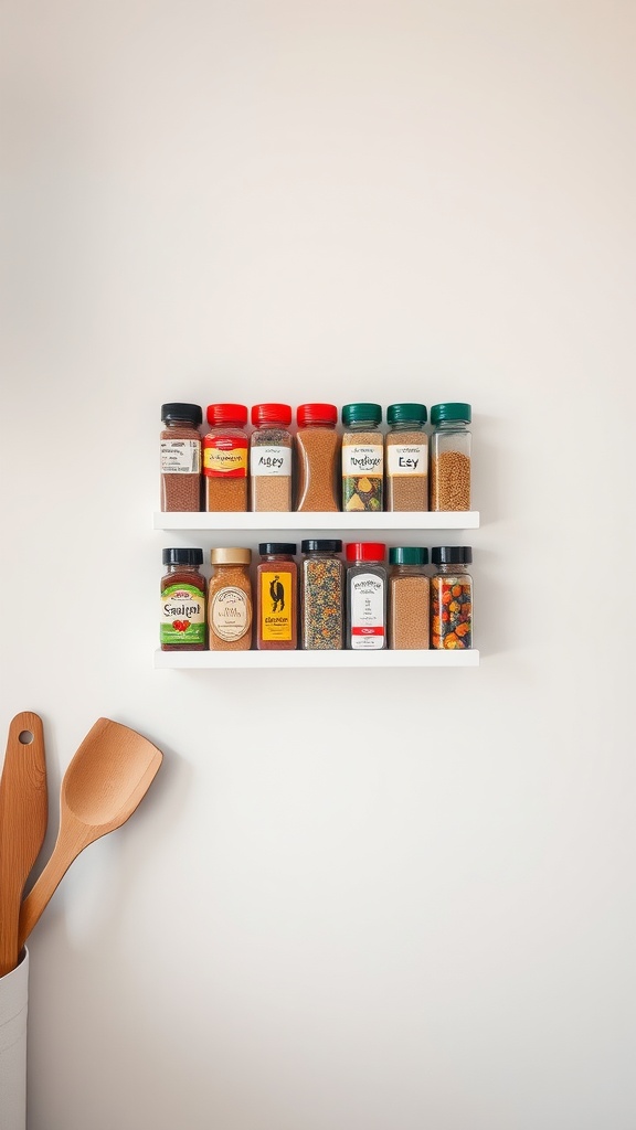 Wall-mounted spice rack displaying various spice jars on a white wall.