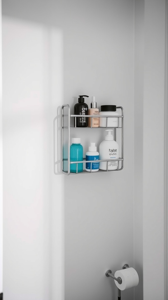 A wall-mounted toiletry organizer holding various bottles in a small bathroom.