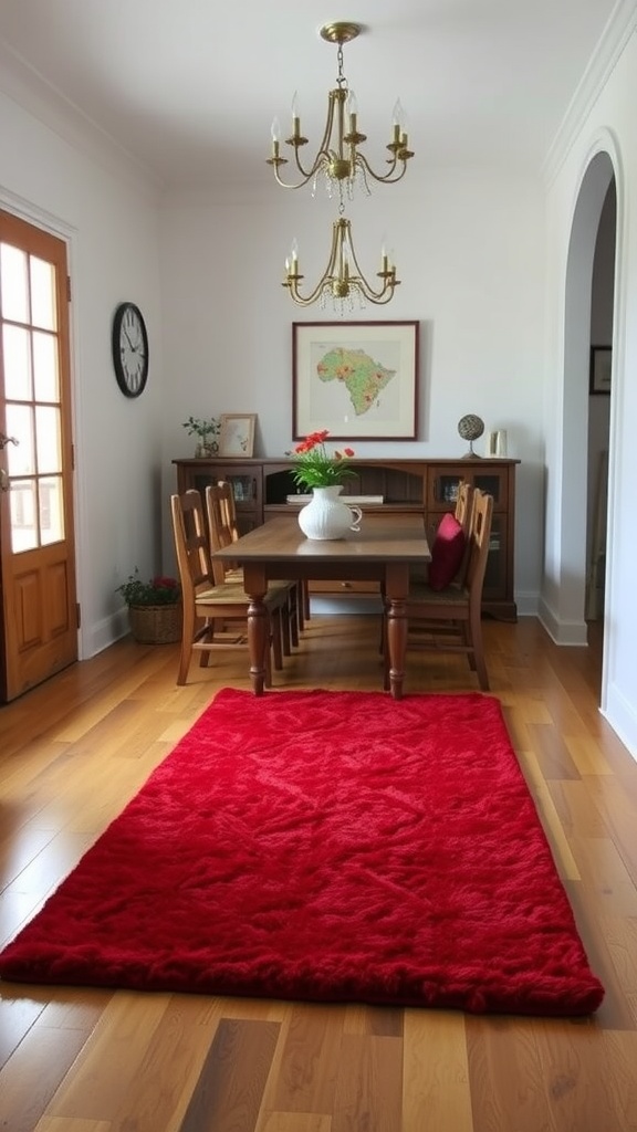 A cozy dining area featuring a vibrant red area rug, wooden dining table, and warm lighting.