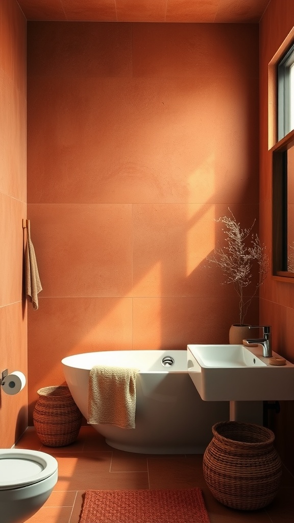 A cozy bathroom featuring warm terracotta walls, a freestanding bathtub, and woven baskets for storage.