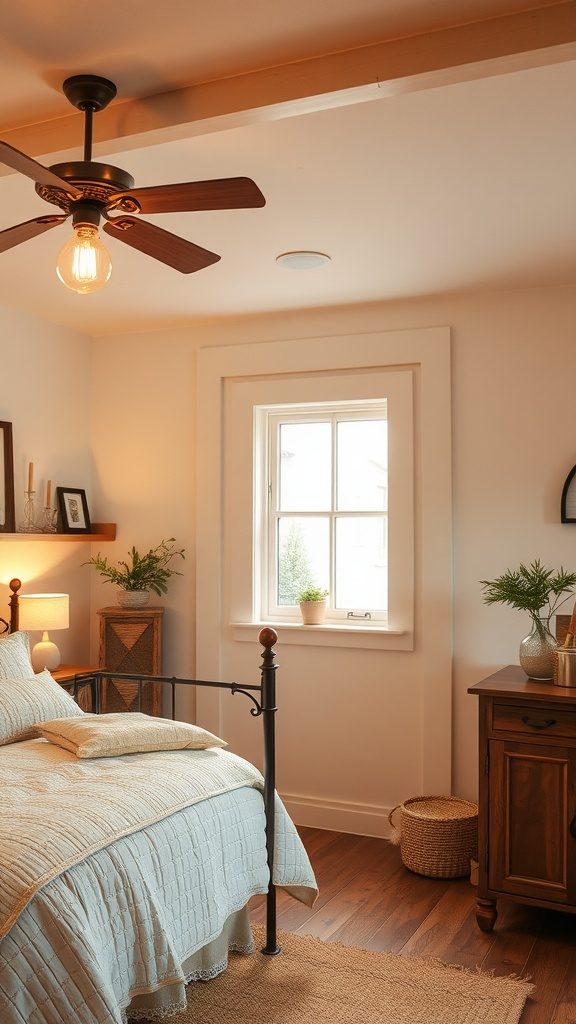 Country bedroom featuring warm white lighting fixtures with a ceiling fan and natural light from a window.