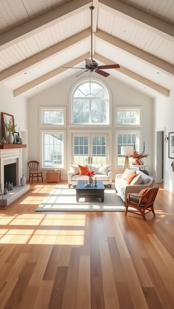 A bright, airy farmhouse living room with large windows, wooden flooring, and stylish furniture.