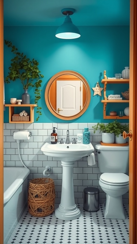 A bright blue bathroom with a round mirror, plants, and playful decor elements.