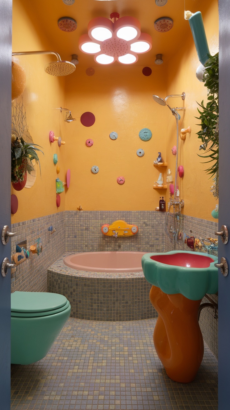 A colorful and whimsical bathroom featuring fun accessories and vibrant decor.
