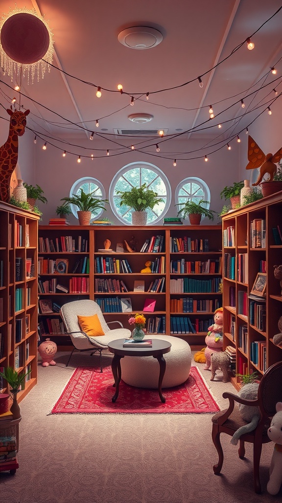 A whimsical reading room filled with fairy lights, colorful bookshelves, plush toys, and a cozy seating area.