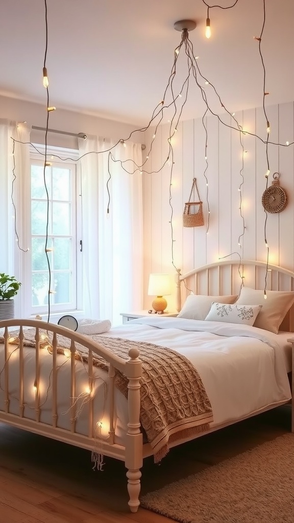 A cozy white country bedroom with whimsical string lights hanging from the ceiling.