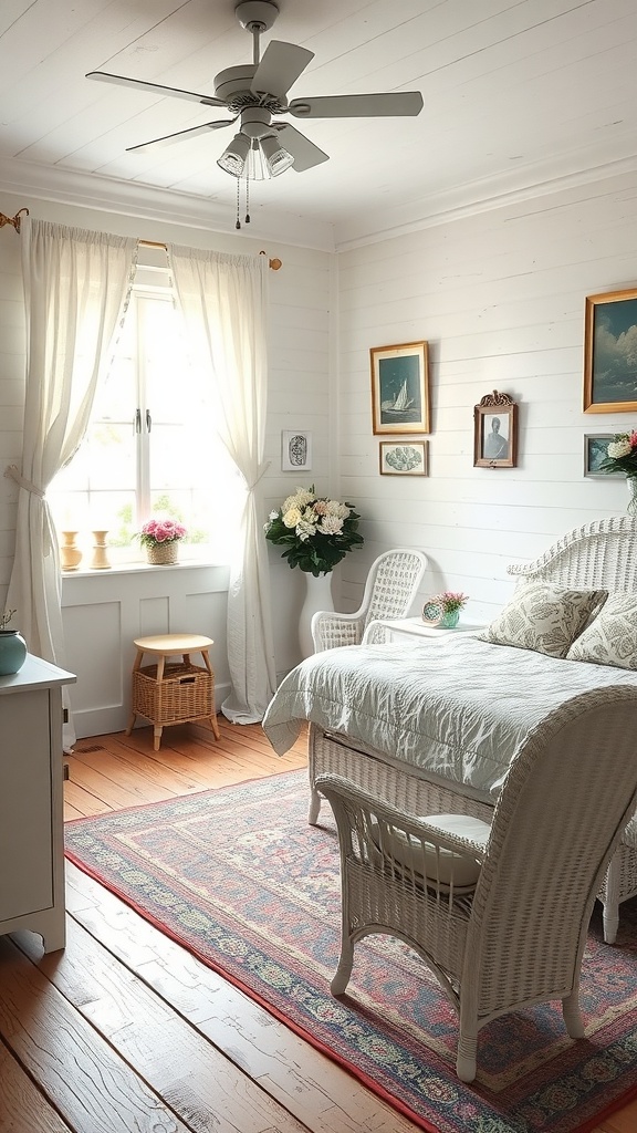 A cozy country bedroom featuring white wicker furniture, natural light, and soft decor elements.