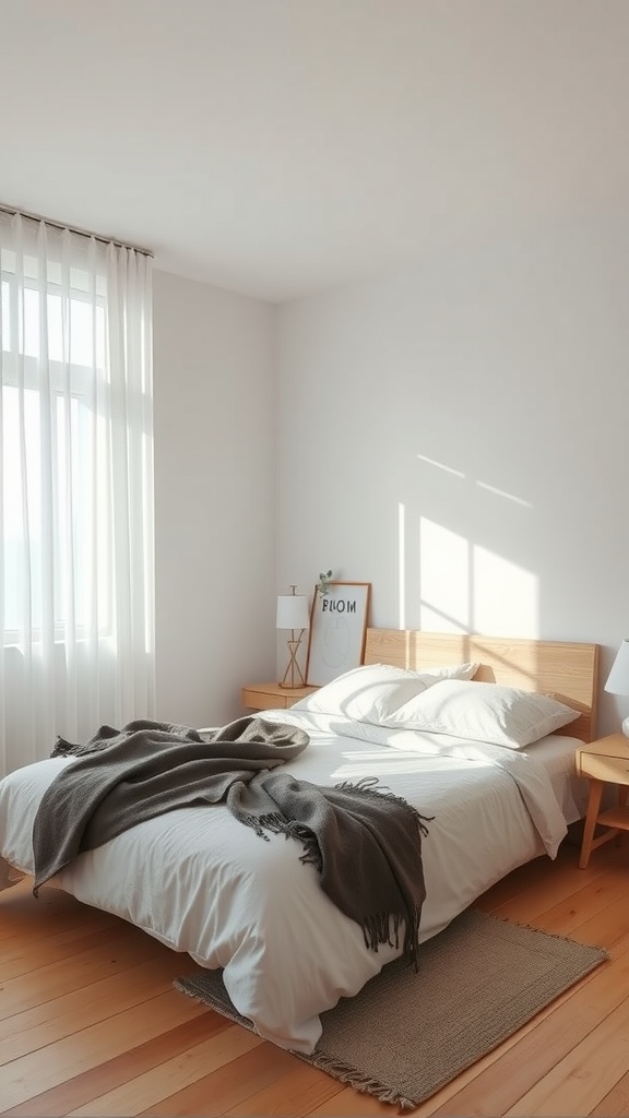 A minimalist bedroom featuring a bed with a soft blanket, wooden furniture, and natural light streaming in through sheer curtains.