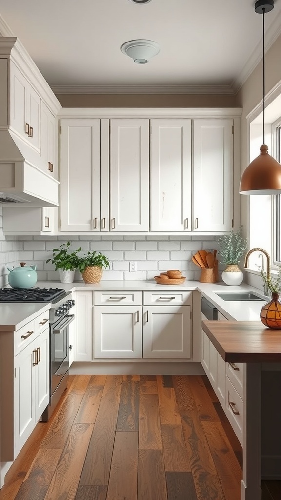 A modern farmhouse kitchen featuring whitewashed cabinets with a matte finish, wooden flooring, and stylish decor.