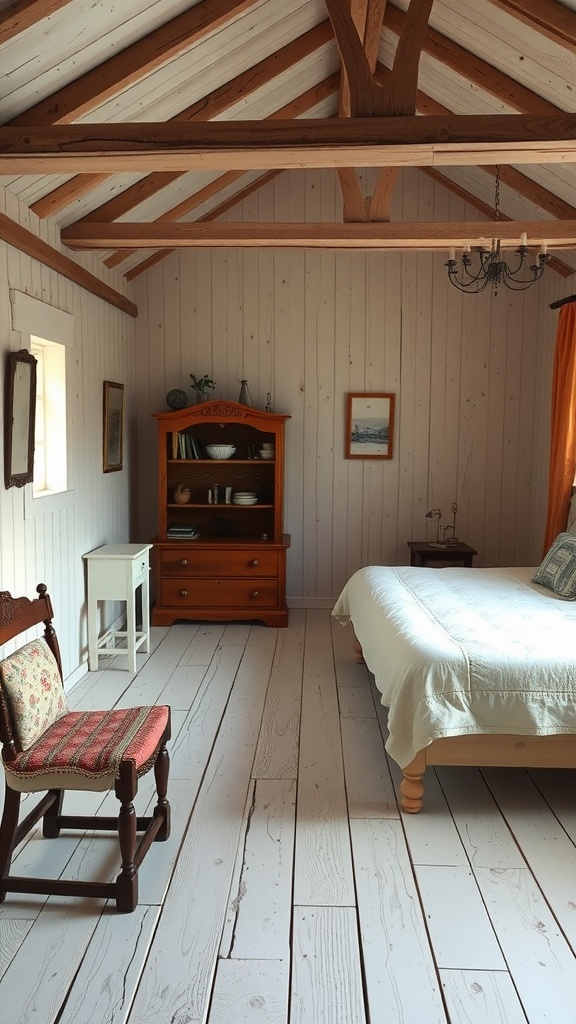 A country bedroom with whitewashed wooden floors, wooden beams, and soft decor.