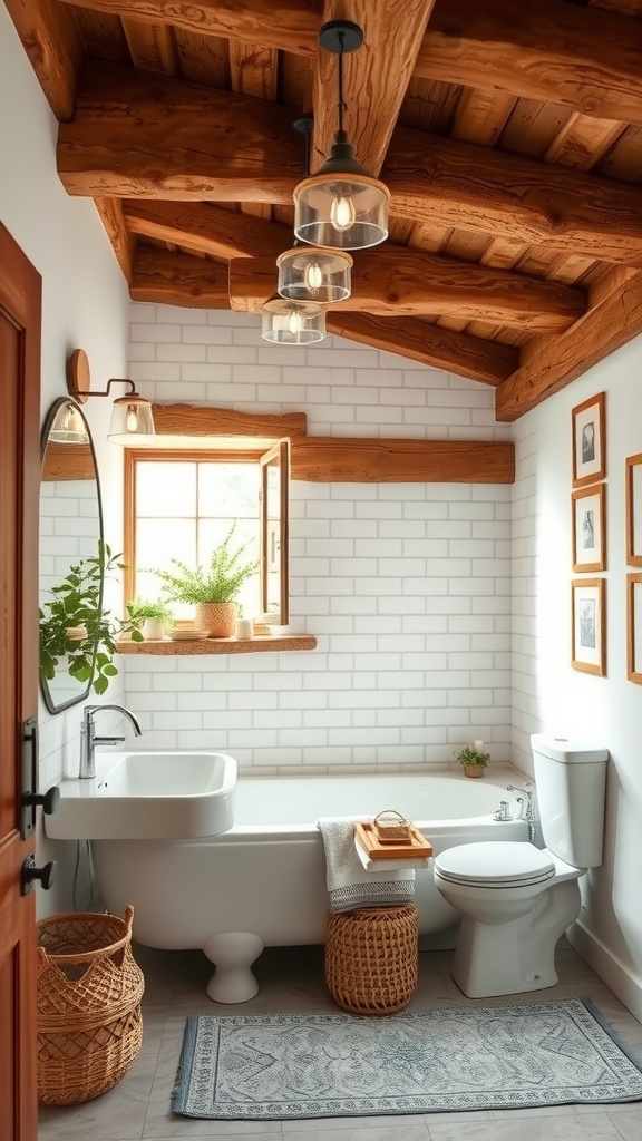 A farmhouse bathroom featuring wooden beams, white subway tiles, and stylish decor.