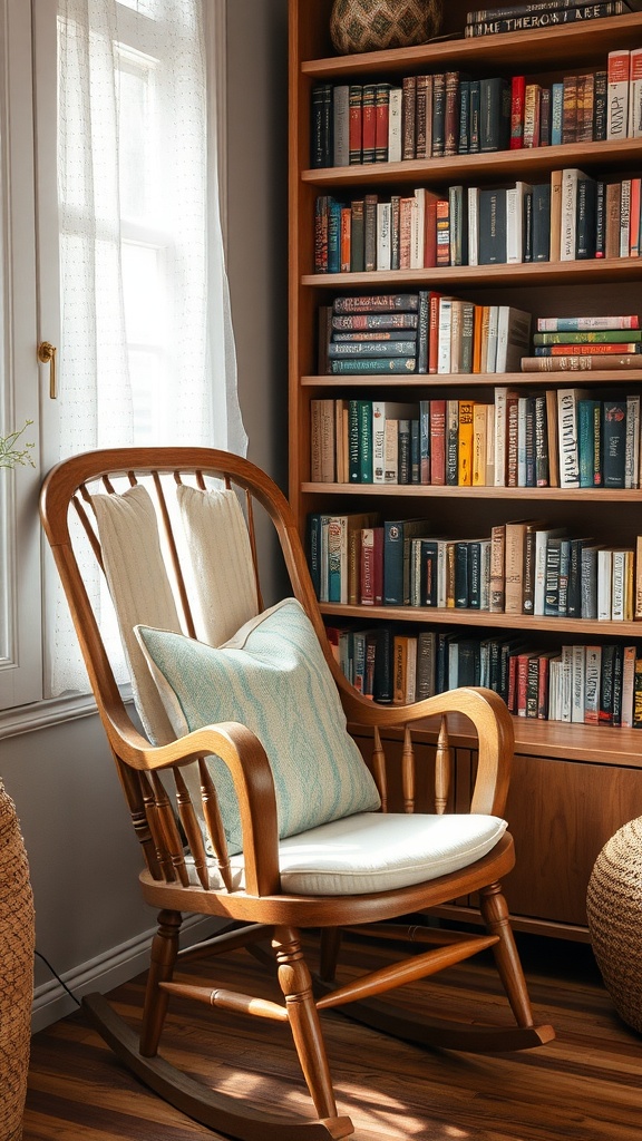 A wooden rocking chair with a cushion next to a bookshelf in a cozy living room