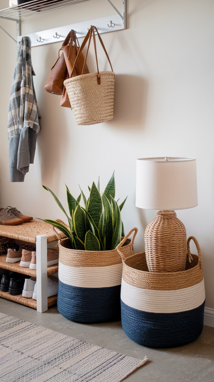 A cozy entryway featuring woven baskets for storage, a plant, and wall art.
