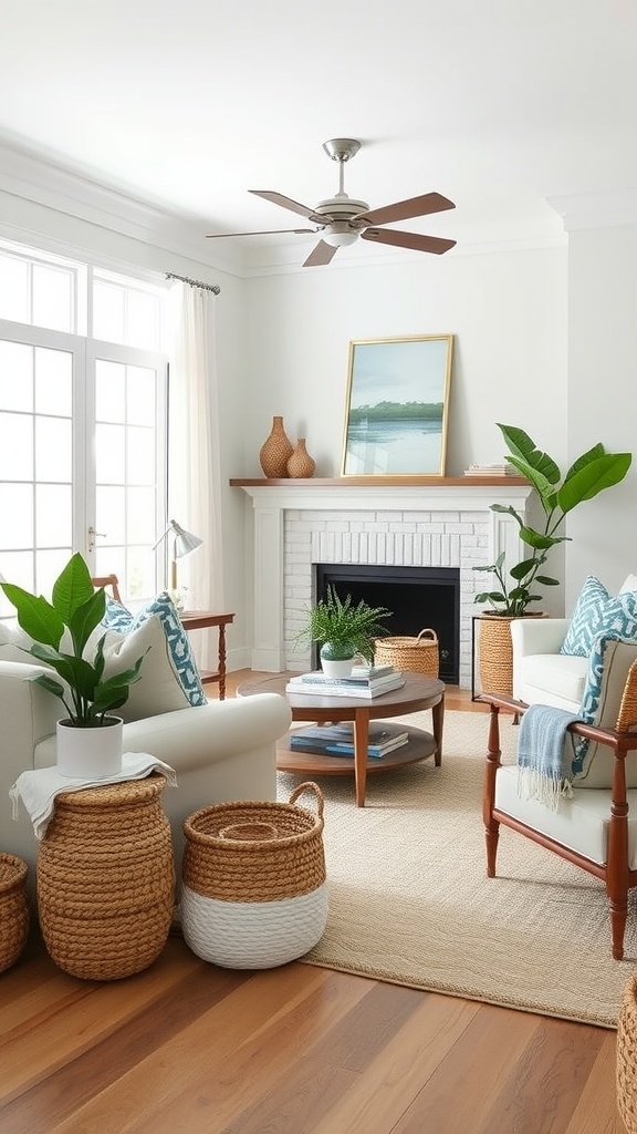 Living room with woven basket storage, featuring light colors and coastal decor.