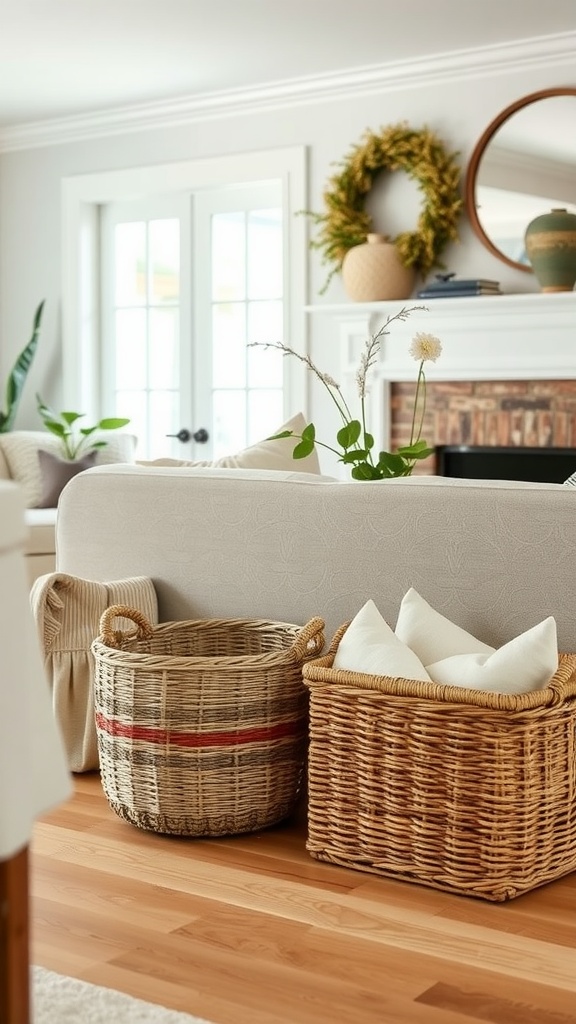 Two woven baskets for storage beside a sofa in a farmhouse living room