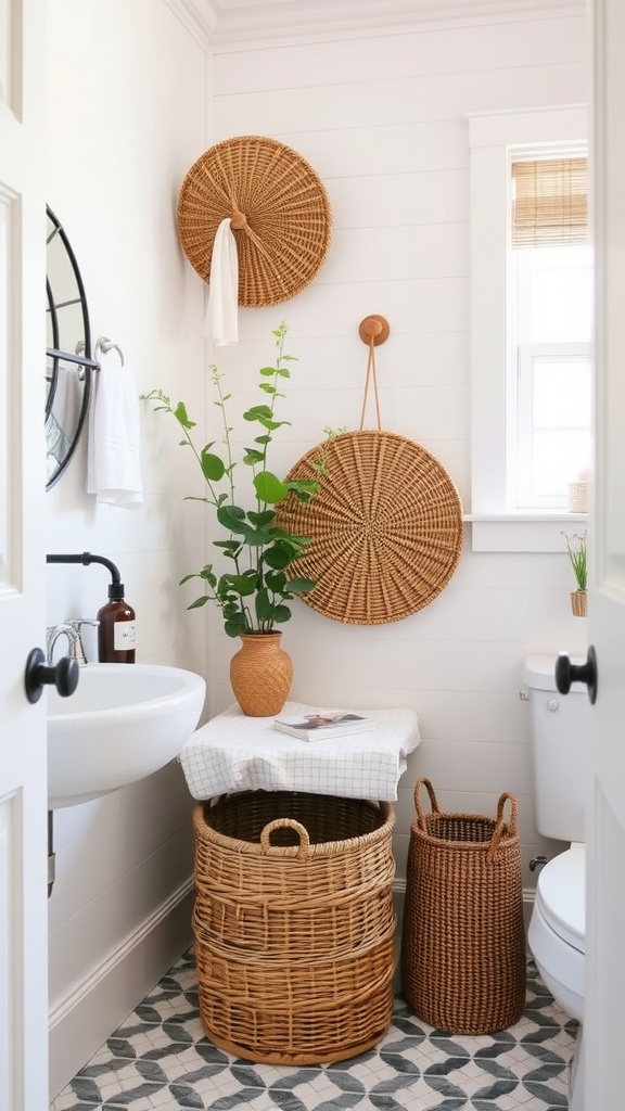 A farmhouse bathroom featuring woven baskets for storage, with a plant and decorative items.