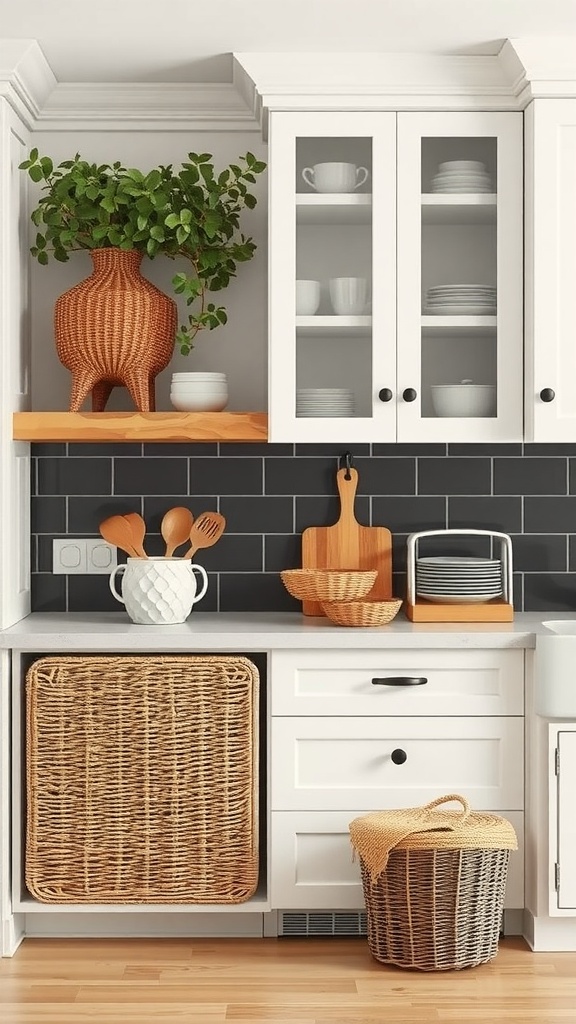 A modern farmhouse kitchen featuring woven baskets for storage