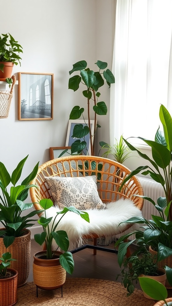 A cozy woven rattan accent chair surrounded by lush green plants and a soft pillow in a bright living room