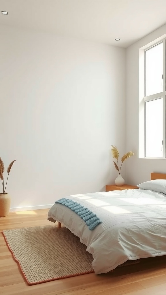 A minimalist bedroom featuring a low bed, natural wood elements, and a serene atmosphere.