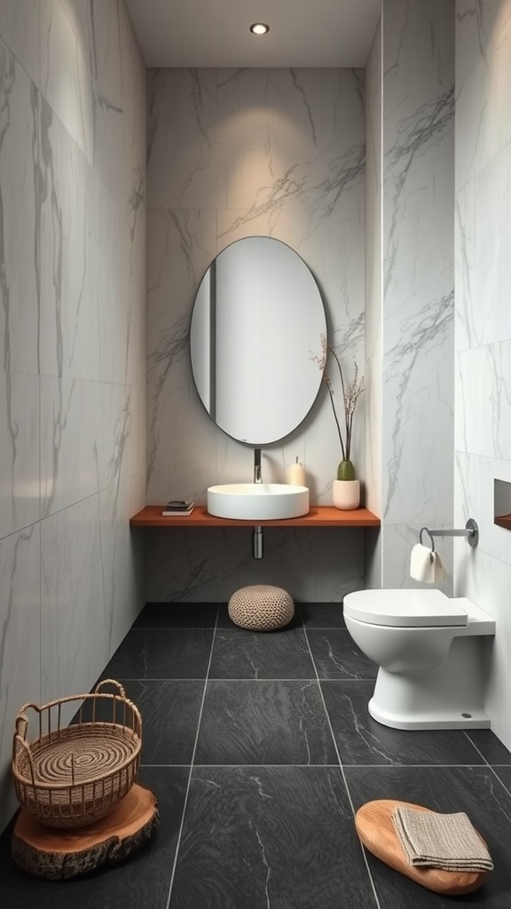 A minimalist bathroom with marble walls, a wooden countertop, and natural elements