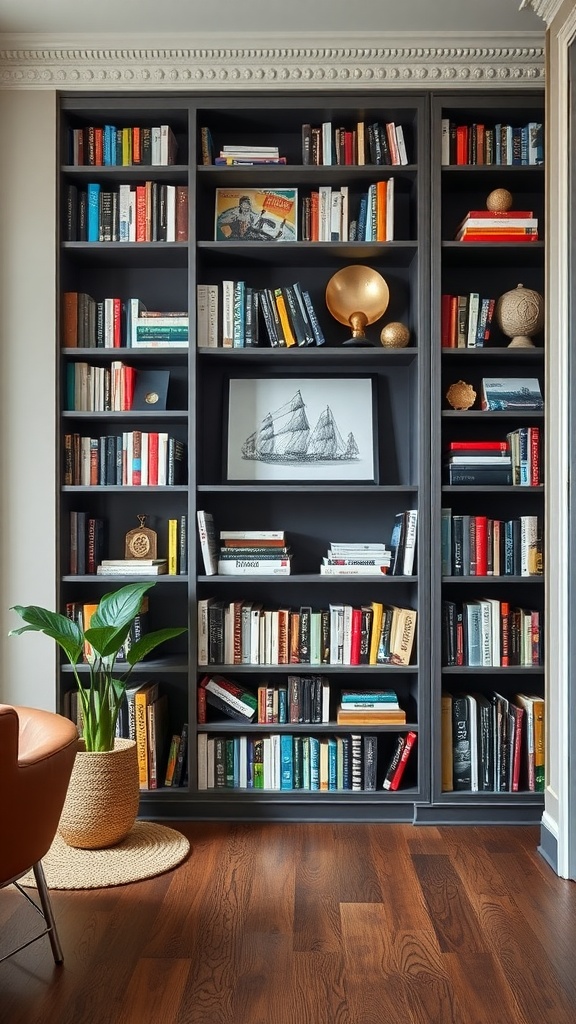 An interior with a built-in shelving unit displaying books and decor, complemented by a houseplant.