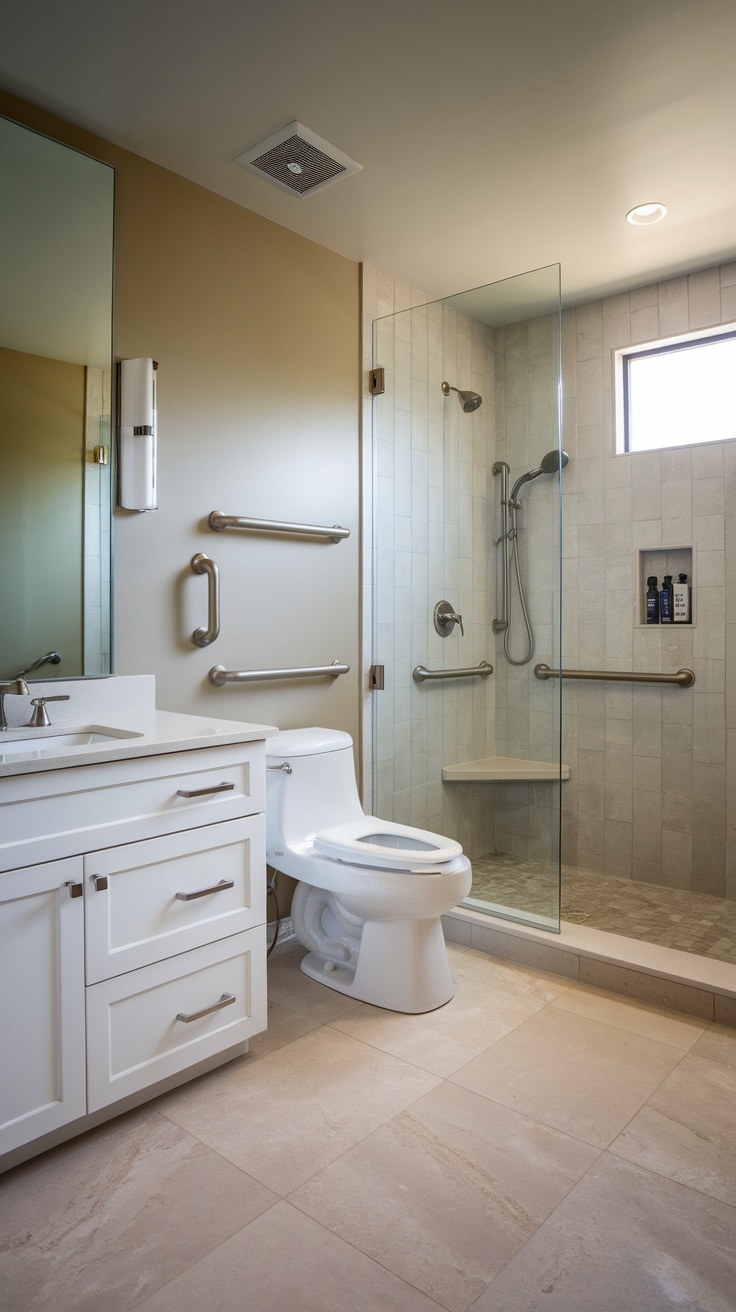 A spacious, accessible bathroom featuring grab bars, a handheld showerhead, and a non-slip floor.