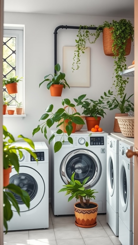 A bright laundry room filled with various plants and white washing machines.