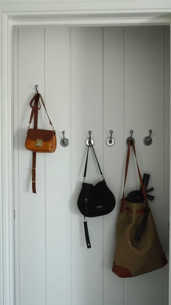 Hooks on a wall holding different bags