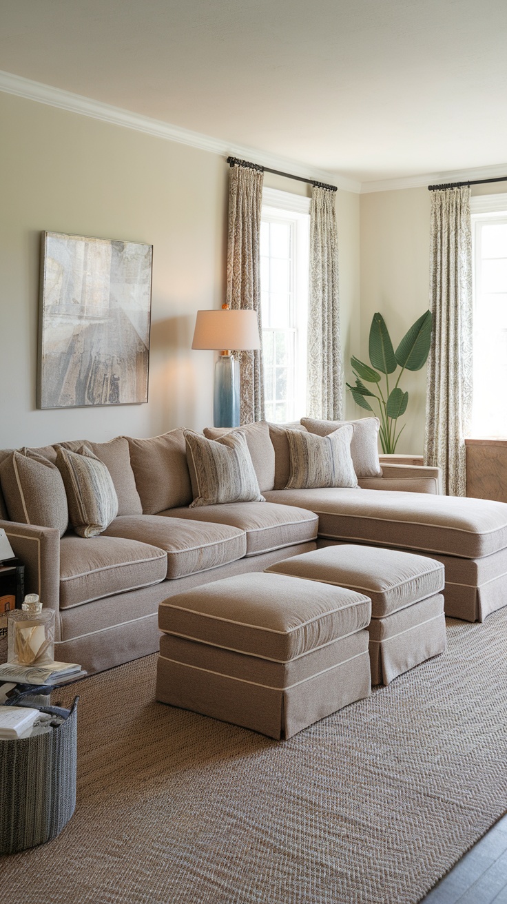 A stylish sectional sofa with tufted ottomans, creating a comfortable and inviting seating area.