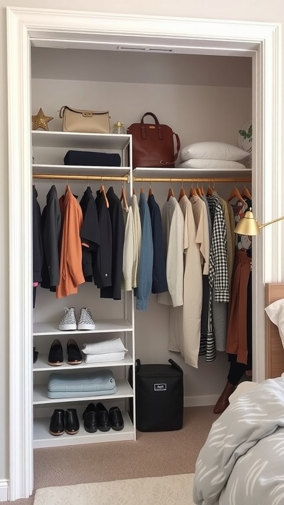 A well-organized bedroom closet featuring adjustable shelving, hanging clothes, and neatly arranged shoes.