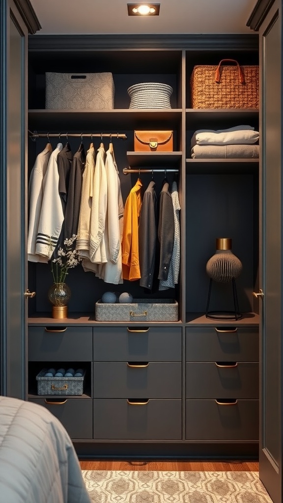 A well-organized bedroom closet with a mix of dark cabinetry and warm accents, showcasing clothes, baskets, and decorative items.