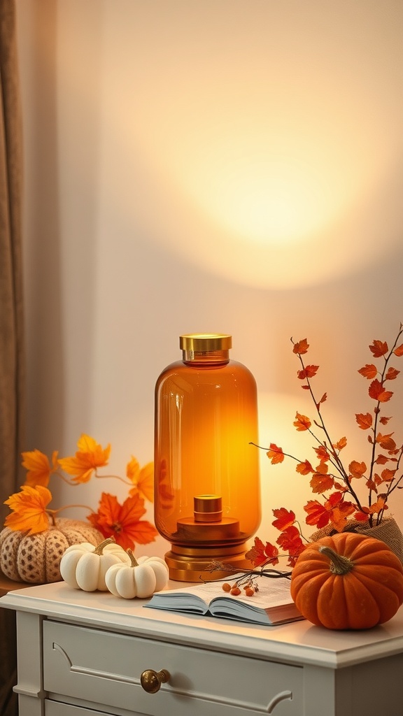 A cozy setup with an amber glass accent lamp, surrounded by fall decorations like pumpkins and autumn leaves.