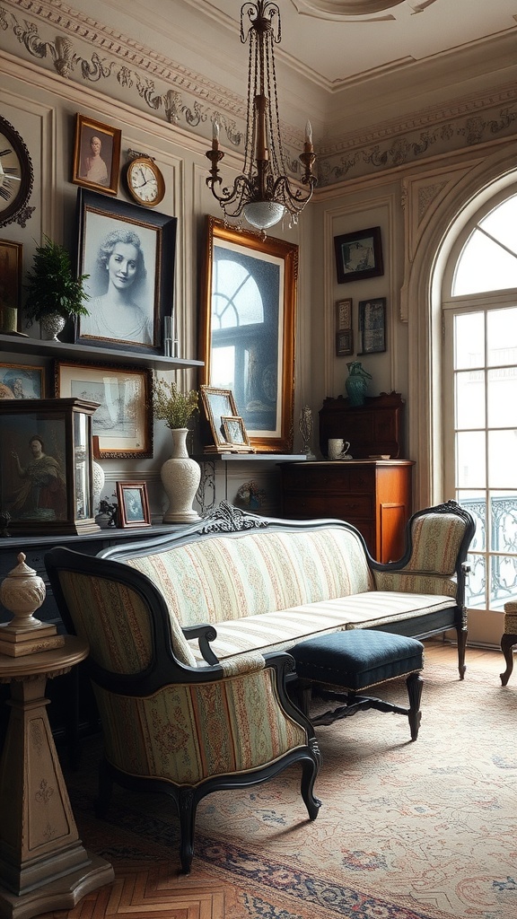 An inviting living room with antique furniture, featuring a patterned settee, framed photos, and a chandelier.