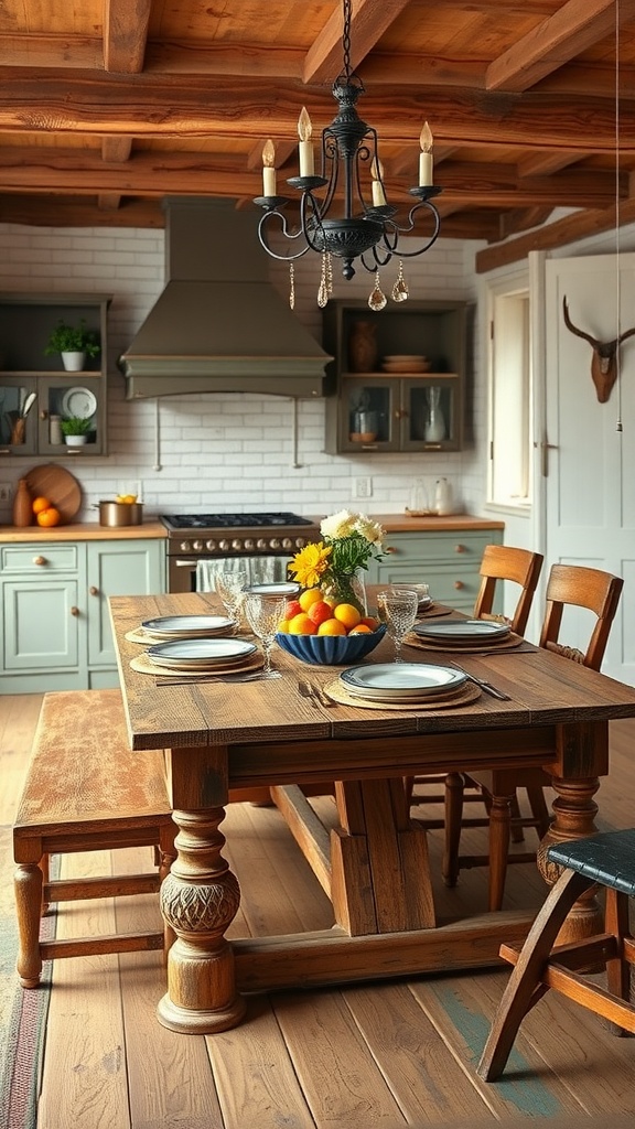 A rustic kitchen featuring an antique farmhouse table with a bowl of fruits, elegant dishware, and wooden chairs.