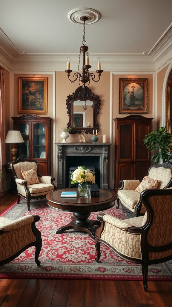 A Victorian living room with antique furniture arranged for conversation, featuring plush chairs, a round table, and elegant decor.
